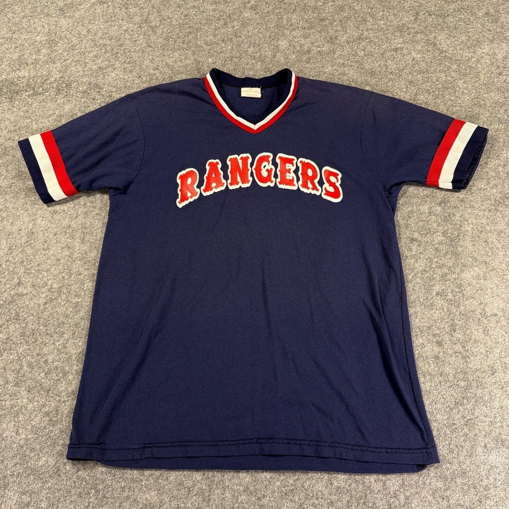 Vintage Texas Rangers Shirt Mens Large Blue Red‎ Baseball Jersey USA 80s